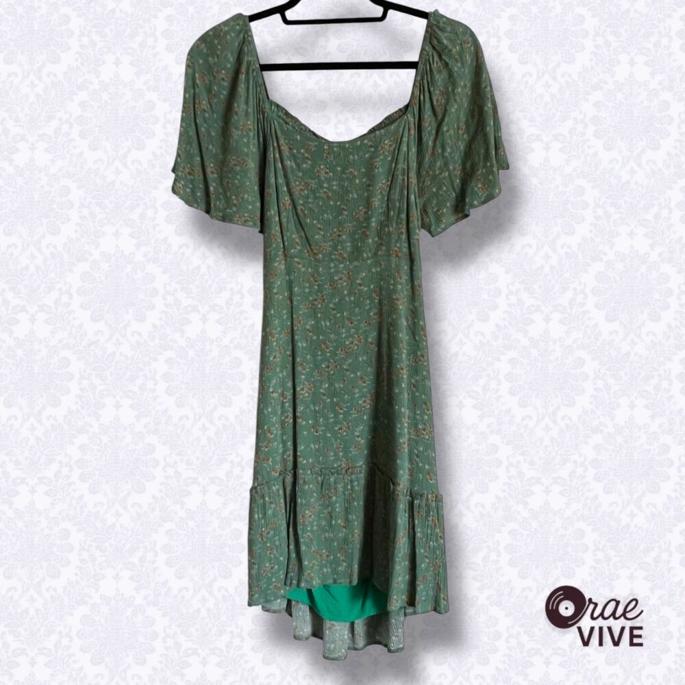 Heyson Tiny Dancer Green Floral Hi Lo Ruffle Dress Bow Back Women's Small